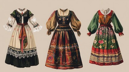 Vintage illustration of traditional slovak folk dresses, showcasing the rich cultural heritage and artistry