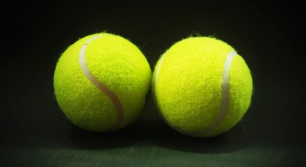 Two vibrant tennis balls on a dark background