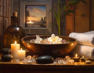 Tranquil Spa Scene with Candles, Flowers, and Zen Elements for Relaxation