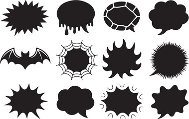 Set of various black silhouette speech bubbles, bat, and spiderweb design elements