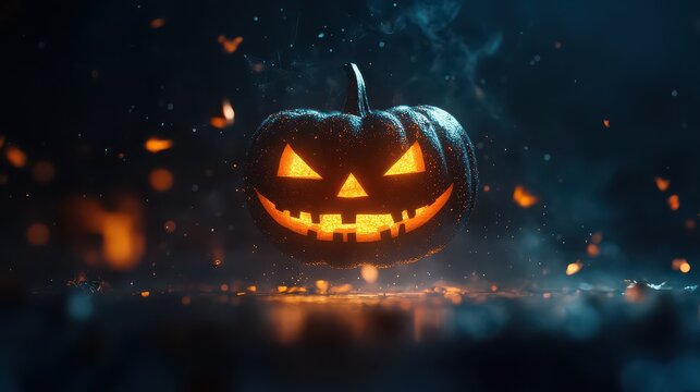 A glowing jackolantern floating in the dark with sparks and smoke creating a spooky halloween scene