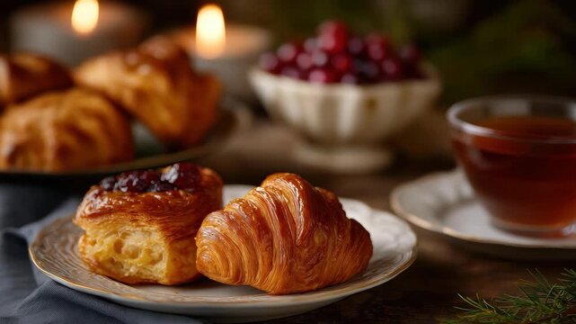 A close-up of freshly baked croissants and tea brings warmth and coziness to the table, inviting a delightful culinary experience for food lovers.