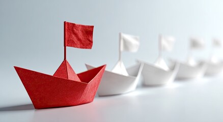 Red origami boat leading a line of white boats