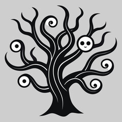 Spooky black tree with swirling branches and eyes twisted branches