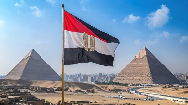 Egyptian flag waving in the wind with the giza pyramids in the background on a sunny day in egypt