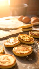 Stacked golden round treats on a wooden table
