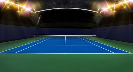 Tennis Court Blue Surface, Illuminated for Play