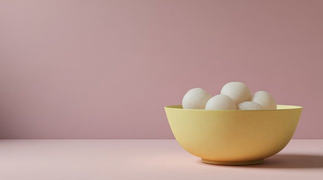 Yellow bowl cradles gentle eggs against a pastel backdrop, evoking Ostara's renewal and Lunar New Year abundance
