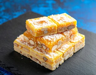 Stacked, golden sweets with almonds, dusted with powdered sugar