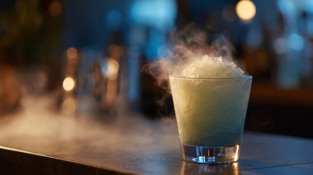 Chilled emerald elixir swirls mysteriously in glass, evoking Frost Giant Festivities and vaporous potion lore under moonlit revelry