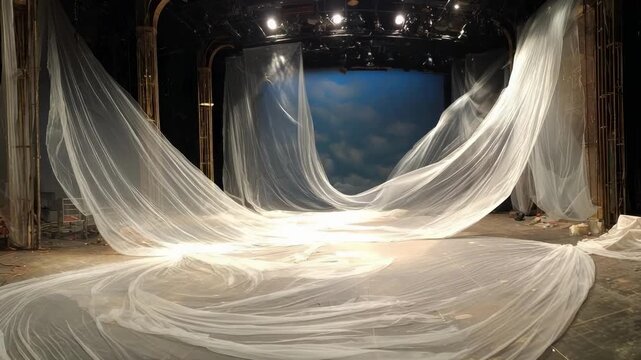 White sheer fabric draped from the ceiling across a theater stage, forming arches and pooling on the floor with a blue sky backdrop.