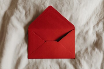 Crimson Correspondence: An open red envelope, lying on a crumpled bedsheet, filled with the warmth of passion.