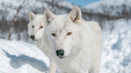 Obraz premium Twin arctic wolves roam the snowy tundra, embodying Yule's wintry magic and Siberian folklore's ethereal guardianship