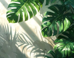 Tropical monstera leaves and shadows on a textured wall, artistic composition