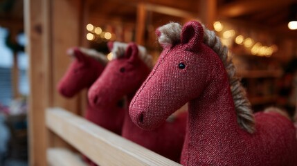 Vintage red fabric horses exude nostalgic charm, evoking Yule Market magic and whimsical collectible craftsmanship for festive decor