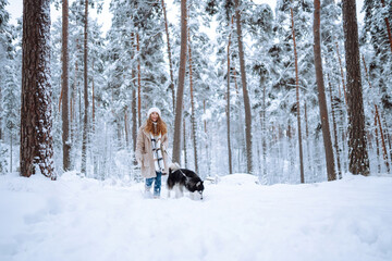 A young woman in a warm coat enjoys spending time with her Siberian husky in a snowy forest. A beautiful woman spends time with her pet outside on a sunny day. Concept of friendship, relaxation, pets.