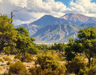 Stunning Landscape of Mountains, Trees, and Dramatic Clouds Under a Blue Sky