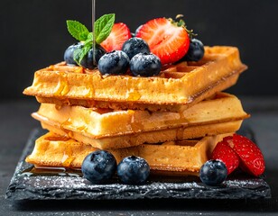 Stacked golden waffles with berries and drizzle, black slate