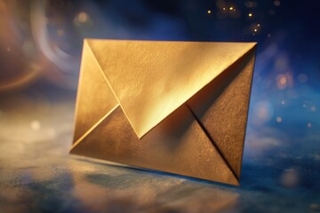 Golden Envelope with Mystical Aura: A luminous, golden envelope rests on a textured surface, surrounded by a soft, ethereal glow, conveying a sense of anticipation and mystery. 