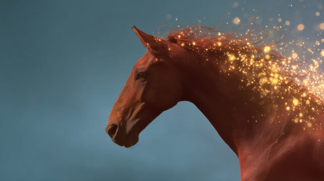 Majestic chestnut horse erupts with golden cosmic sparks, evoking Julfest magic or Epona's blessings, a mythical equine transformation