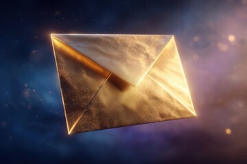Golden Envelope in Cosmos: A single golden envelope, radiating light against a backdrop of celestial wonder, conveys a message of mystery.