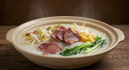 Delicious Asian Congee in Ceramic Bowl, Featuring Meat, Sprouts, Vegetables, and Steam.