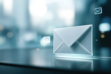 Digital Envelope: An elegant digital rendering of a glowing envelope floats against a futuristic tech backdrop, symbolizing communication and data transfer in a modern age.