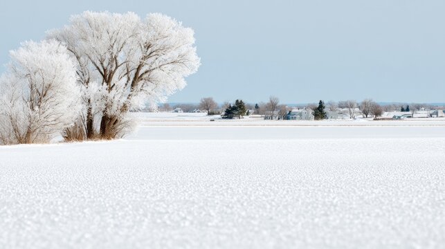 Fototapeta Frost-kissed trees stand serenely on a snowy prairie, evoking Solstice Festival's quiet renewal and Imbolc's icy embrace