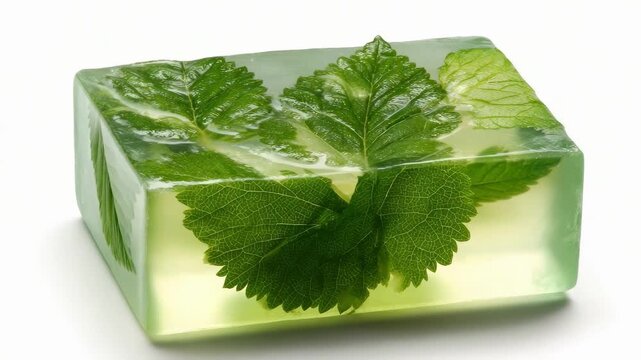 A transparent soap bar with fresh mint leaves embedded inside.