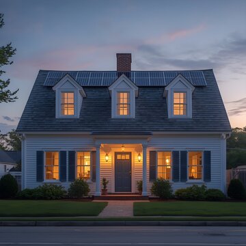 Cozy Cape Cod Home with Solar Panels at Dusk , Sustainable Cape Cod House with Evening Lights , house in the evening