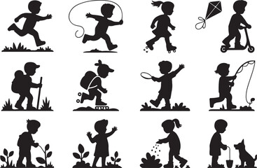 Silhouetted children enjoying various outdoor activities in a playful collection of fun and recreation