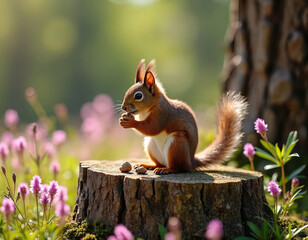Obraz premium Small red squirrel with bushy tail eats nut on tree stump in forest glade with pink flowers. Cute wild rodent poses in sunny woodland. Animal nature photography.