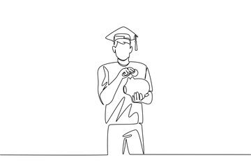 Continuous one line drawing a man wearing a graduation cap puts a dollar coin into a piggy bank. Independent savings for the future. College Savings Day. Single line draw design vector illustration