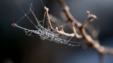 Intricate dew-kissed cobweb on a twig, evoking Samhains veiled mysteries, delicate arachnid artistry in autumn's quiet embrace