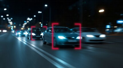 Naklejka premium Smart urban symphony of headlights and neon outlines, evoking nocturnal technology, celebrating World Information Society Day's digital dance