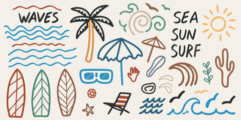 Hand drawn doodle collection of summer beach vacation icons and symbols with sea sun and surf text