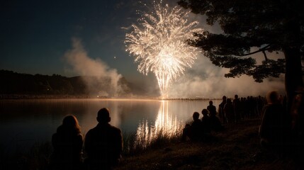 Firework reflections dance on serene lake, silhouetted crowd mesmerized, embodying Bonfire Night wonder and mysterious night festivals