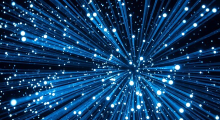 Ultra highresolution, professional studio photography of abstract blue glowing particles exploding outwards from a central point creating a sense of energy and motion in a dark background