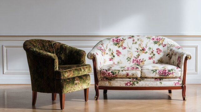 Victorian floral upholstery whispers cozy nostalgia, ideal for Valentine's Tea Day, romantic ambiance, or vintage revival festival decor