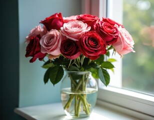 Fototapeta premium Bouquet of red and pink roses in clear glass vase on window sill. Fresh flowers in water. Romantic floral arrangement indoors with natural light.