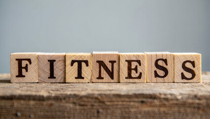 Wooden Blocks Spelling Fitness on Rustic Wood Surface Gray Background