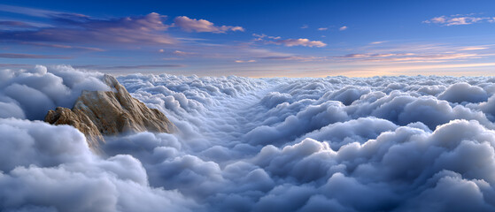 Obraz premium Peaks in the Clouds: A mesmerizing aerial panorama unveils a towering mountain piercing through a sea of fluffy clouds under a vibrant sky, an inspiring vista of raw natural beauty.