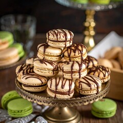Stacked macarons with chocolate drizzle
