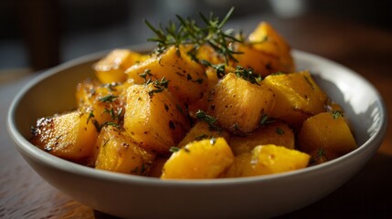 Roasted golden yams glisten with rosemary sprigs, evoking autumnal warmth and Canadian Thanksgiving's rustic culinary embrace