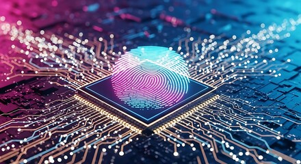 Ultra highresolution, professional studio photography of digital fingerprint on a central processing unit with glowing circuits, representing cybersecurity and data protection