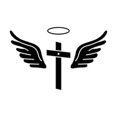Halo and cross with wings icon vector. Angel wings illustration sign. Deceased symbol or logo. Halo mark.