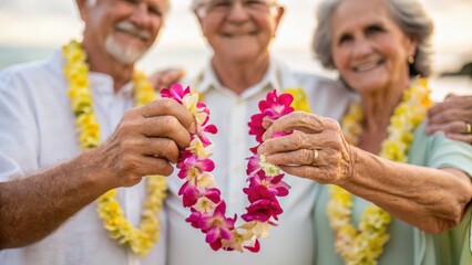 happy hawaii moments A joyful group of seniors holding floral leis, symbolizing love and togetherness.