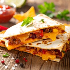 Stacked Mexican food, showing cheese, meat, beans, corn, and seasoning on a wood surface