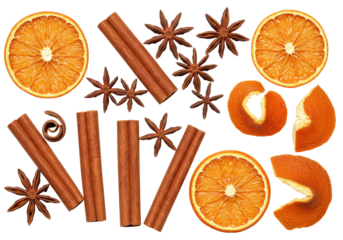 Isolated aromatic spice set on white offering a cozy and warm Christmas atmosphere with oranges