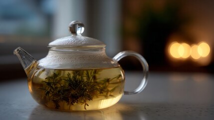 Mystical rosemary infusion in a glass teapot, capturing essence of Hygge and National Herbalist Days tranquil allure